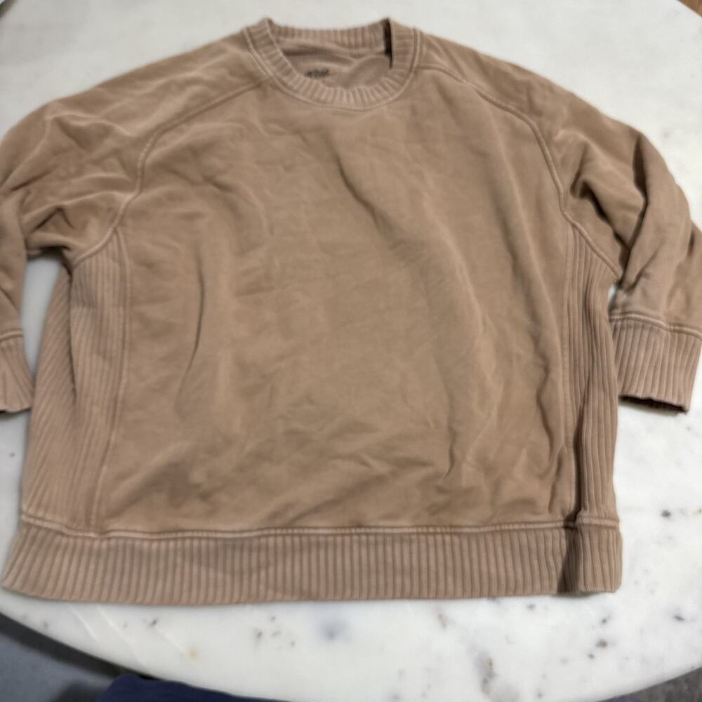 Aerie L Down To Earth Oversized Crewneck Sweatshirt Top Ribbed Side Panel Brown